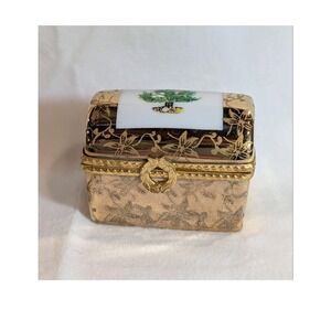 Limoges France Christmas Tree Porcelain Trinket Box Gold Trunk Rehausse Main